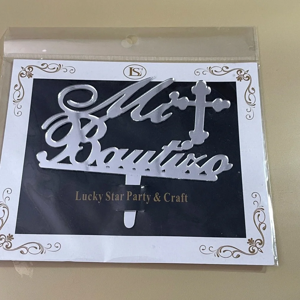 NWT Mi Bautizo Cursive Mirrored Acrylic Cake Topper